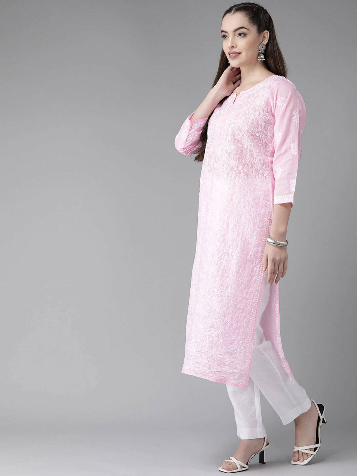 Hand Embroidered White Cotton Lucknowi Chikan Kurta (XS) (A411181) | KDG - view 27