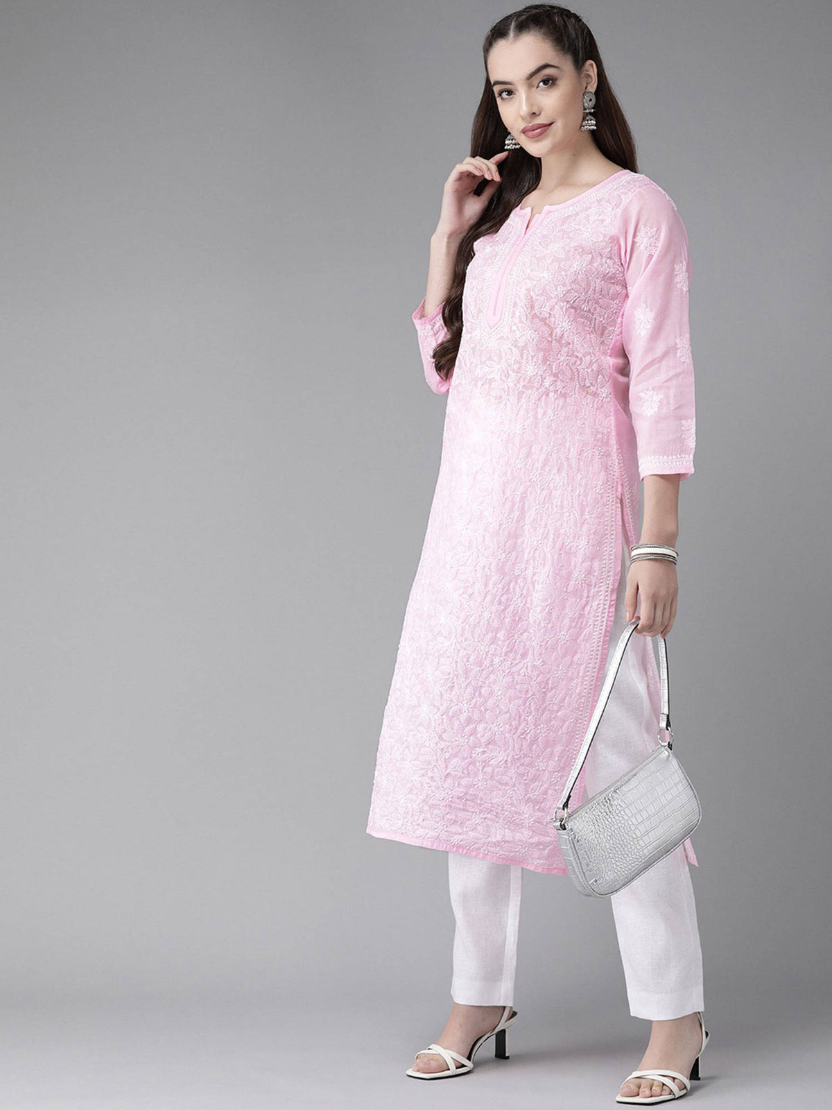 Hand Embroidered White Cotton Lucknowi Chikan Kurta (XS) (A411181) | KDG - view 28