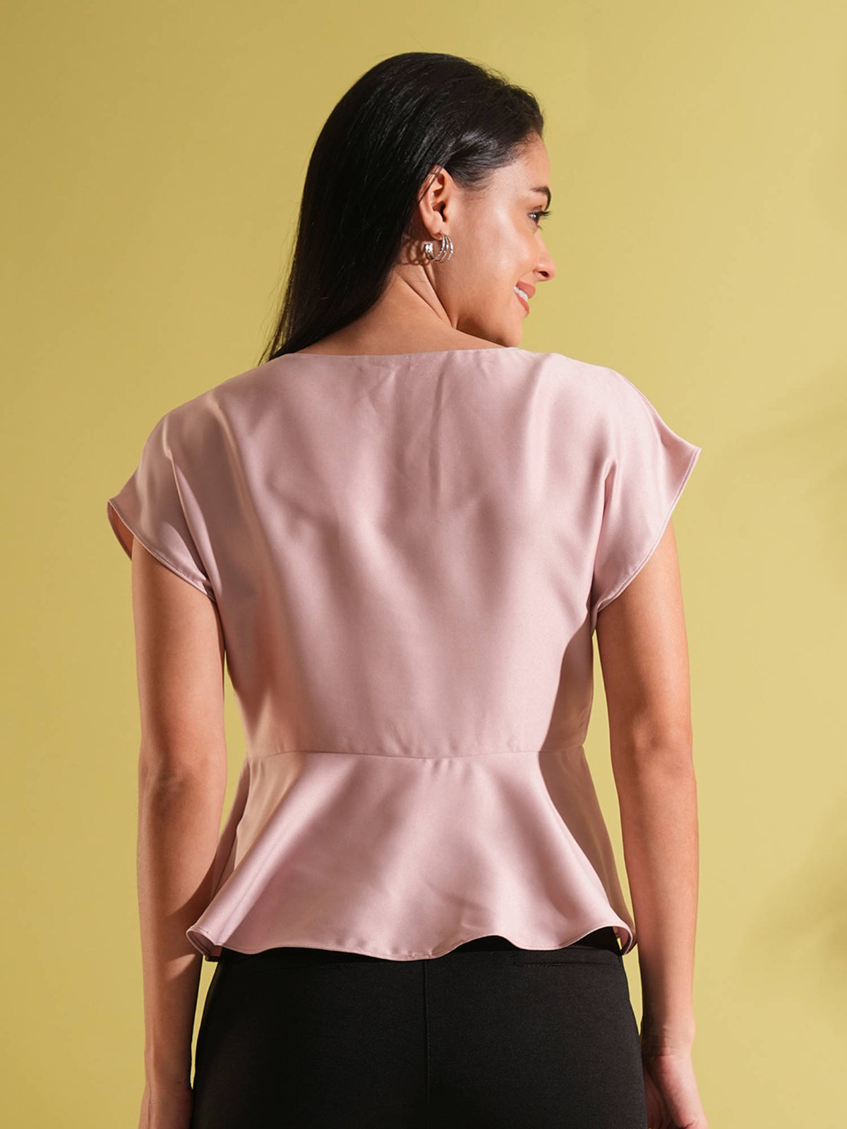 Women Pink Satin Round Neck Extended Sleeves Peplum Top | pt51 - view 3