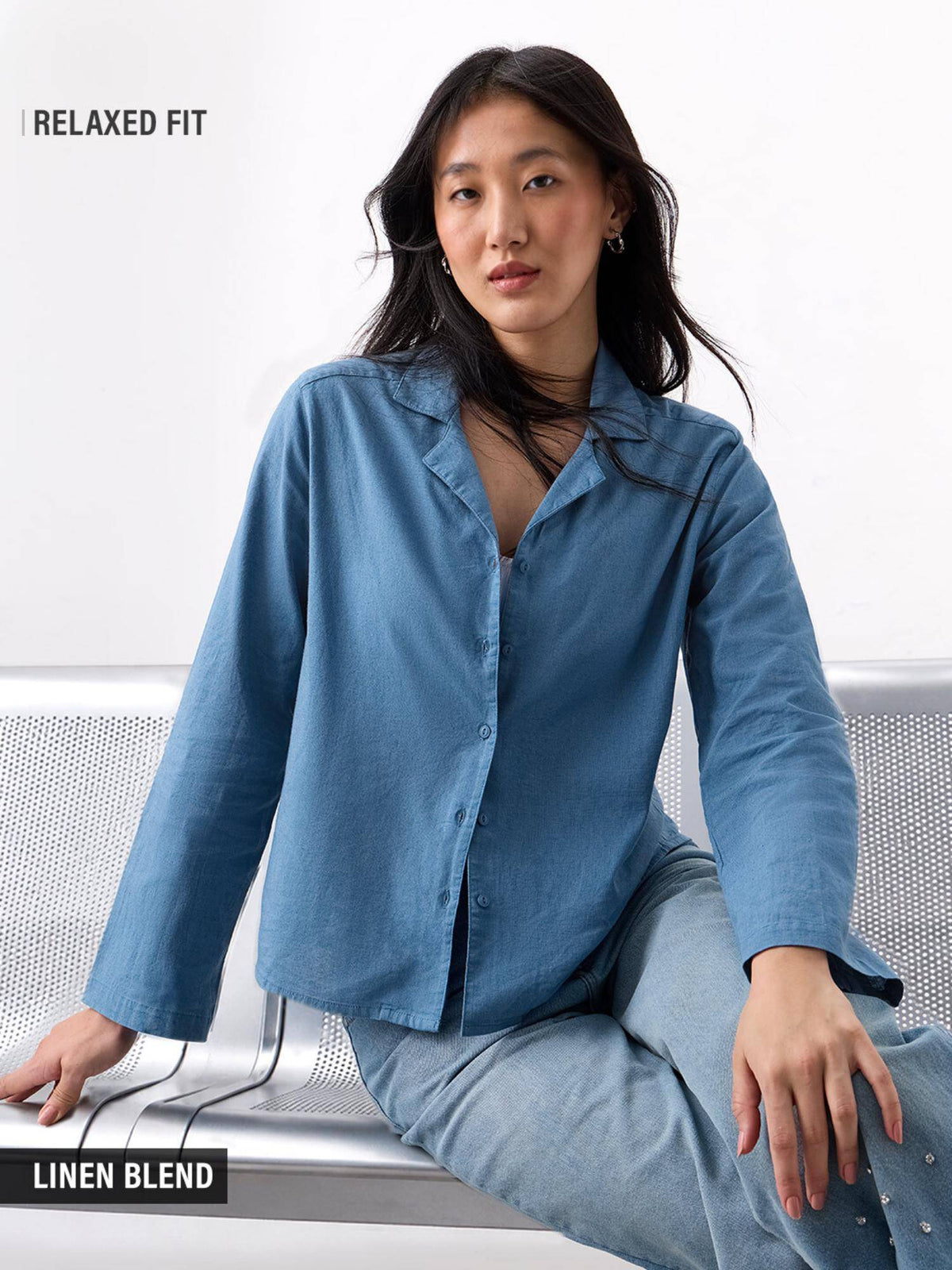 Women Blue Solid/Plain Cotton Linen Shirt | S67 - view 1
