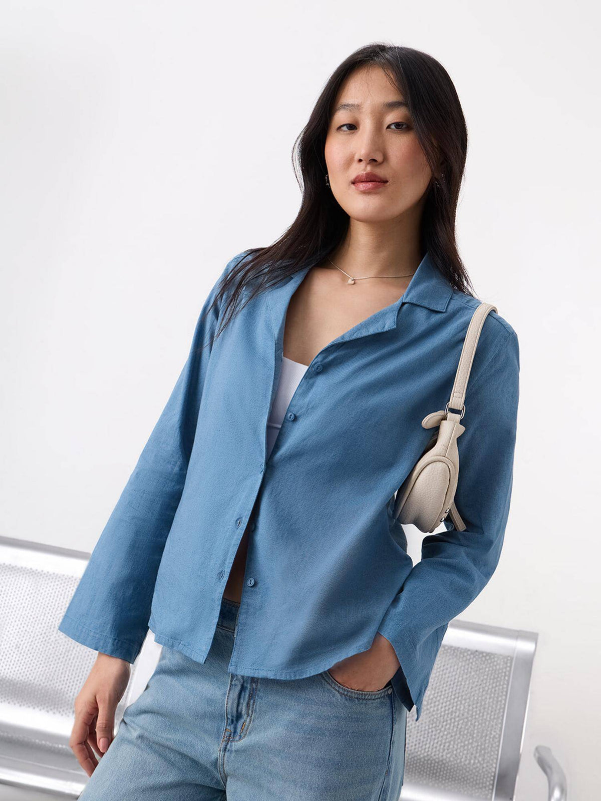 Women Blue Solid/Plain Cotton Linen Shirt | S67 - view 3