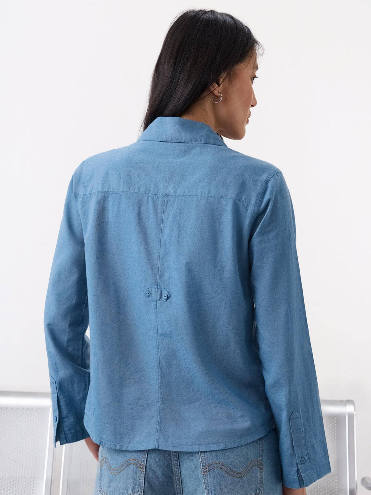 Women Blue Solid/Plain Cotton Linen Shirt | S67 - view 5