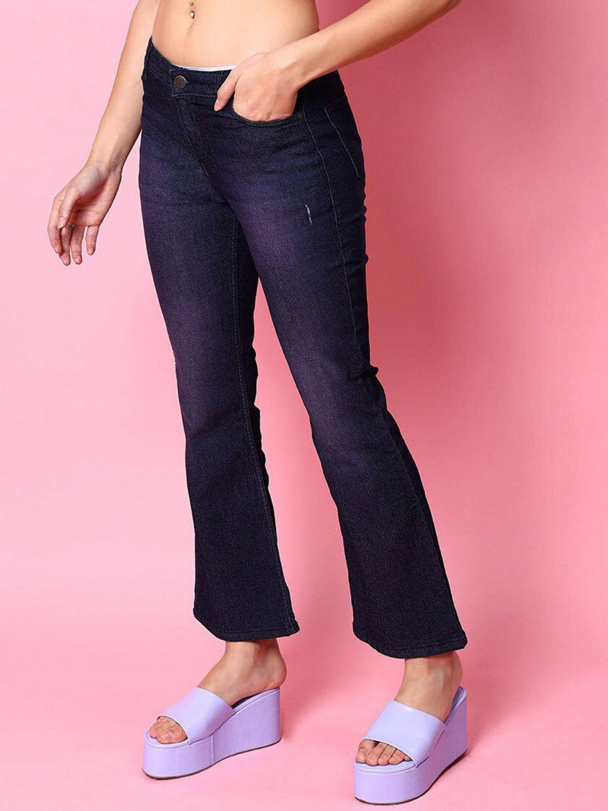 Womens Blue Bootcut Solid High Rise Jeans | BT10 - view 2