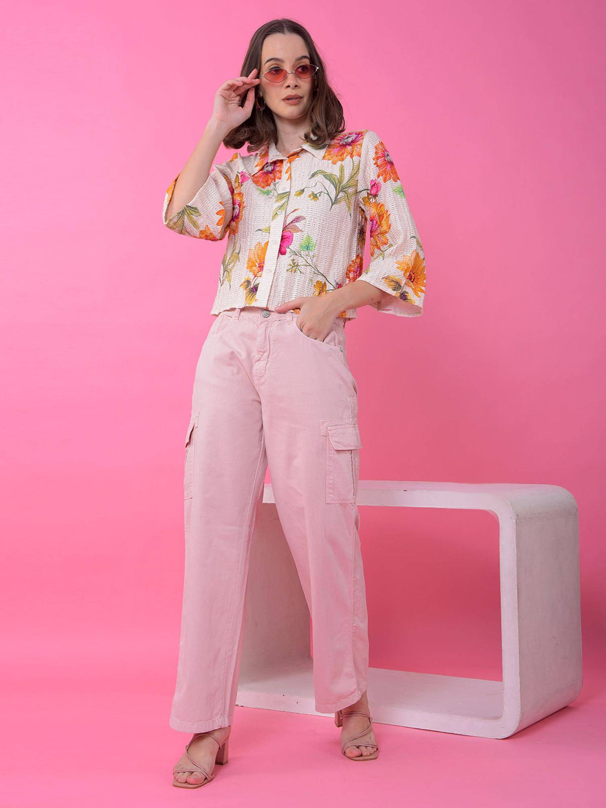 Womens Playful Peach Cotton Cargo Baggy Jeans | BG78 - view 2