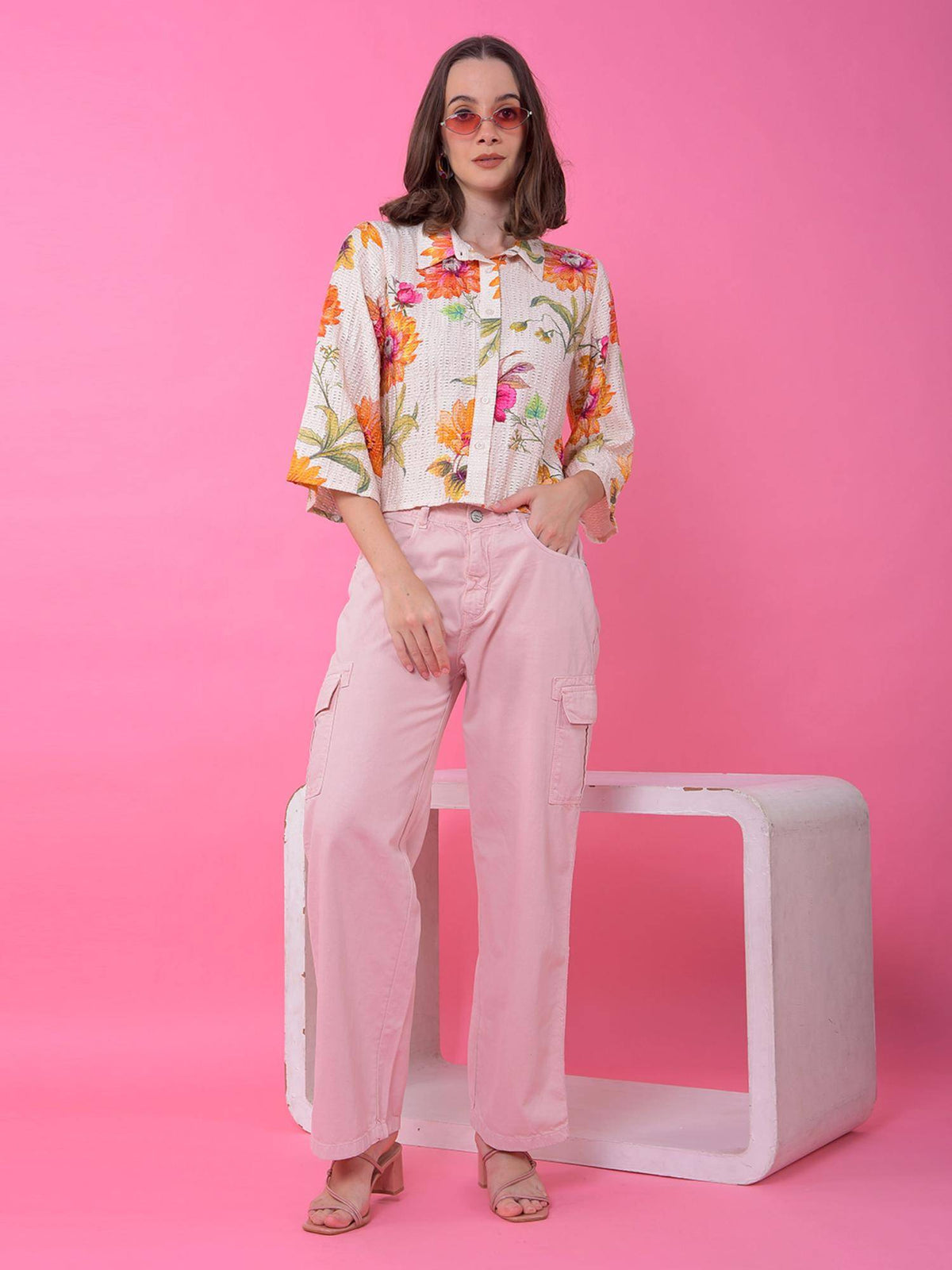 Womens Playful Peach Cotton Cargo Baggy Jeans | BG78 - view 3