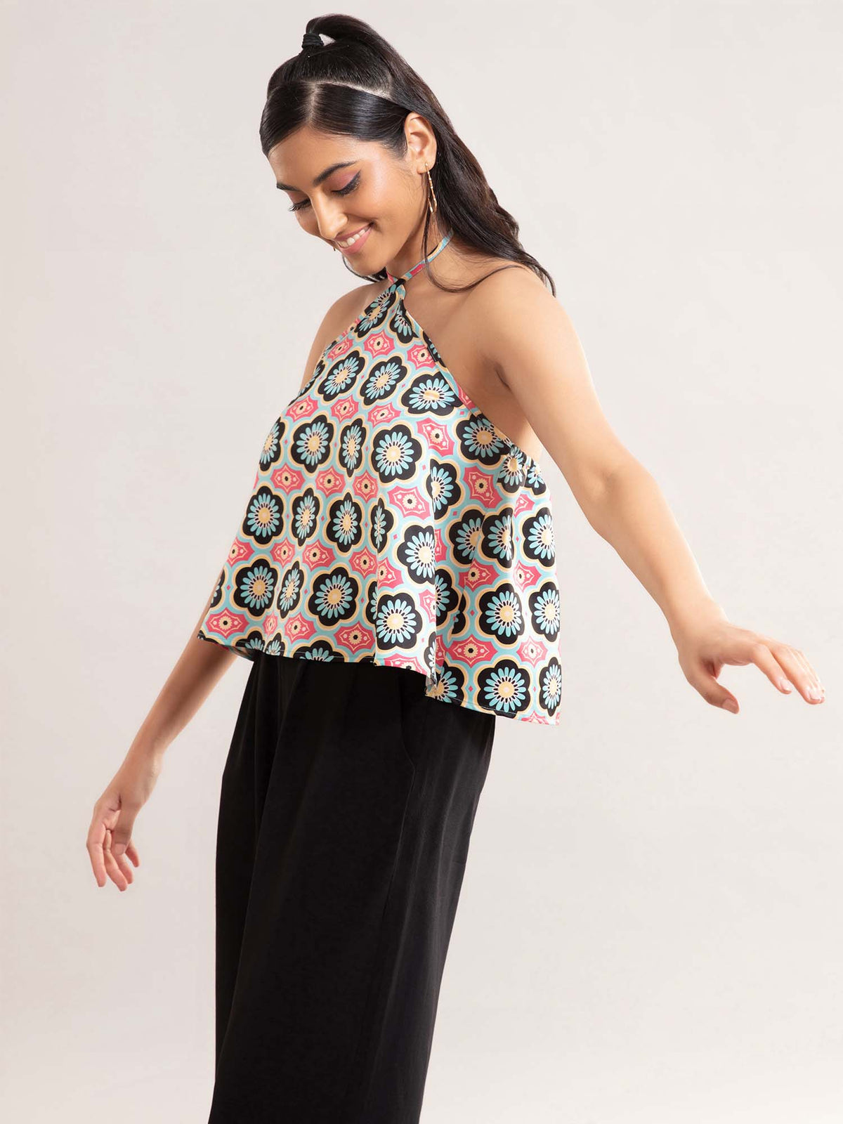 Pink Printed Halter Neck Crop Top | CT61 - view 2