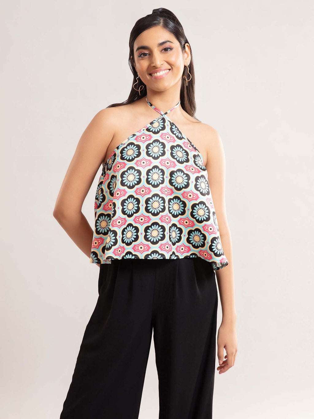 Pink Printed Halter Neck Crop Top | CT61 - view 4