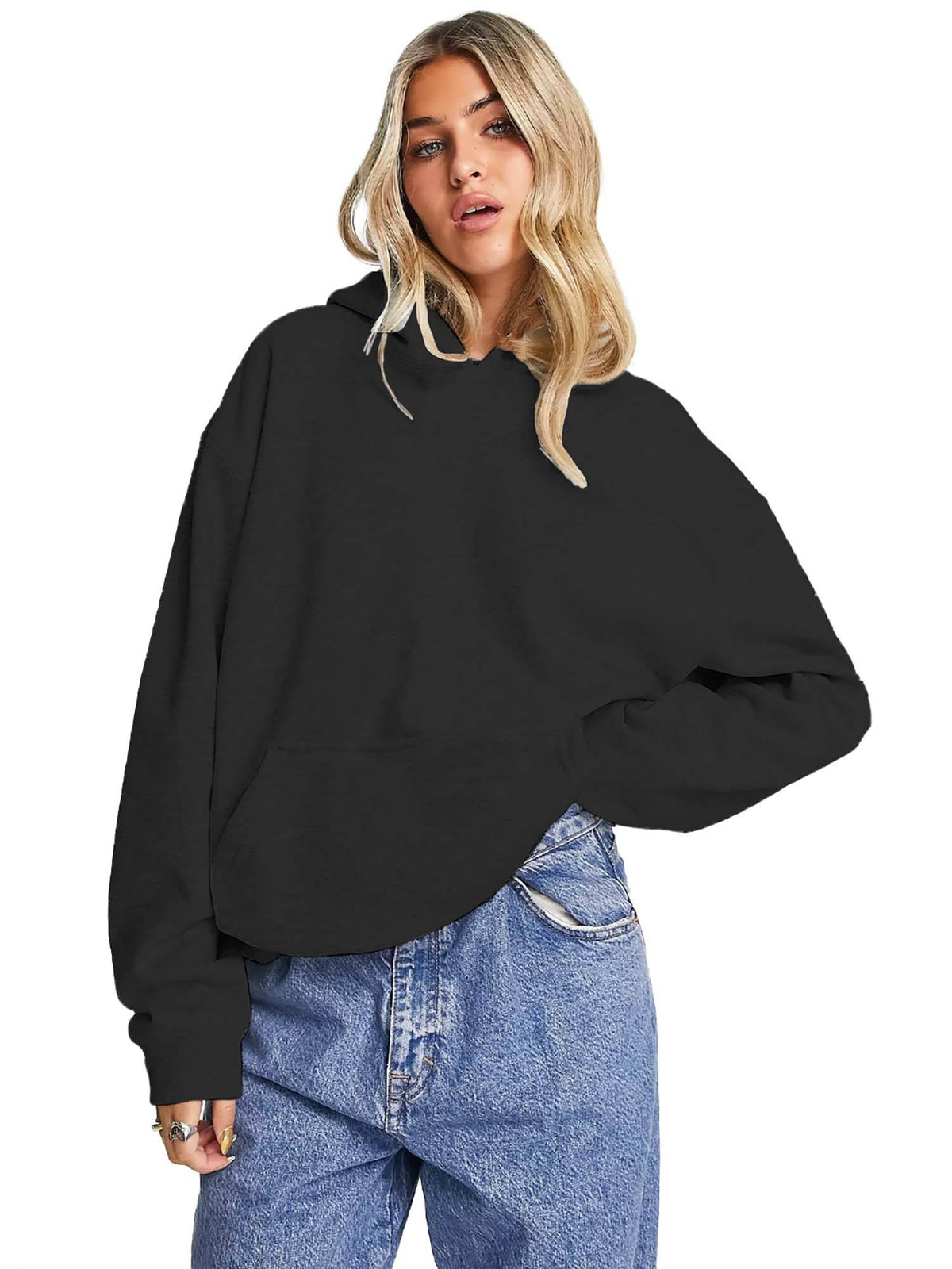 Women Solid Black Loose Fit Sweatshirt With Hood | SS90 - view 1