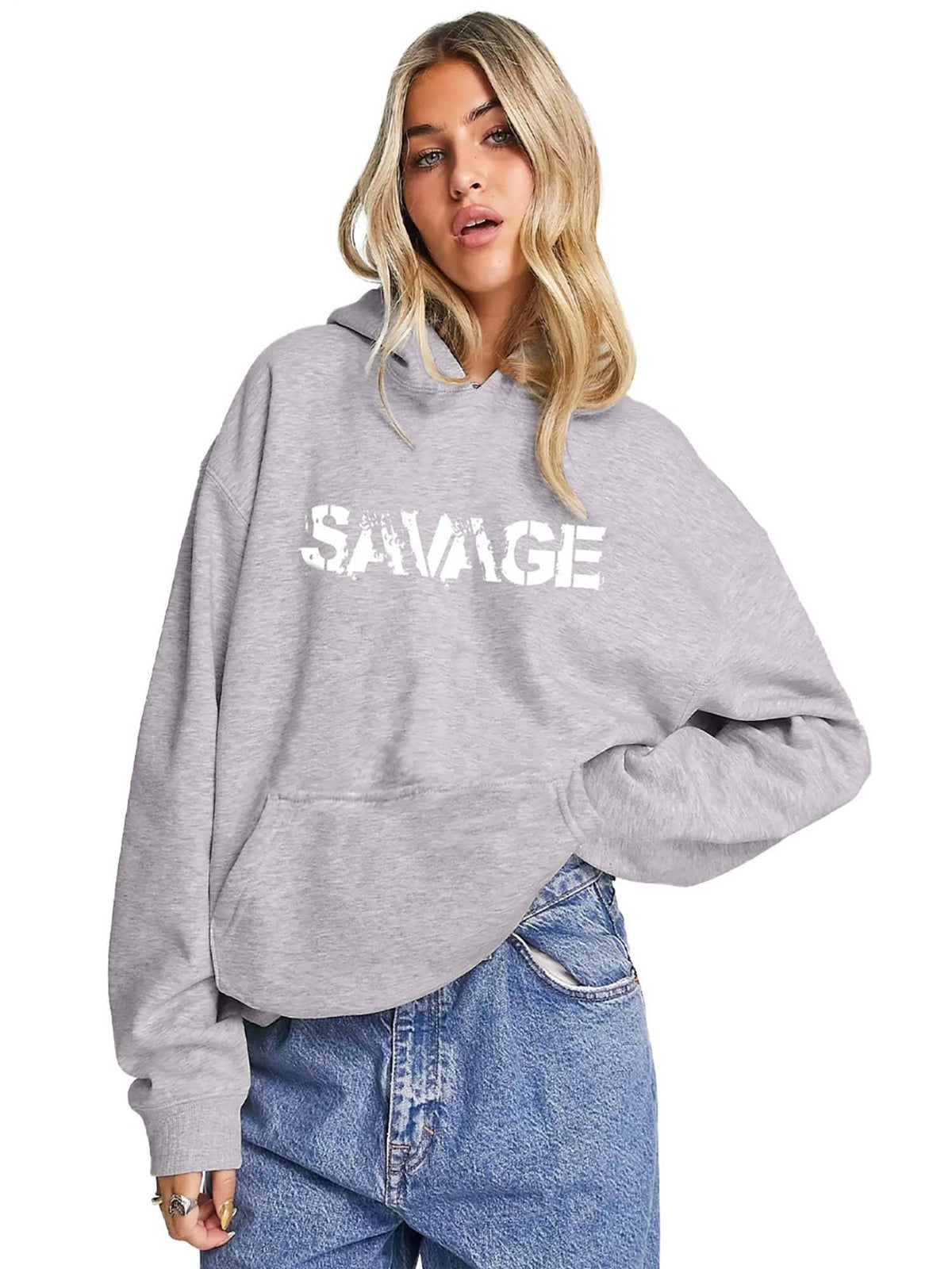 Women Grey Loose Fit Sweatshirt With Hood | SS90 - view 1