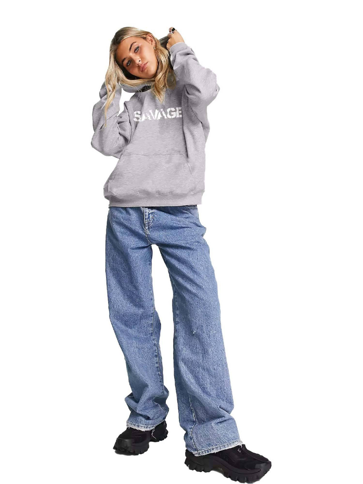 Women Grey Loose Fit Sweatshirt With Hood | SS90 - view 4