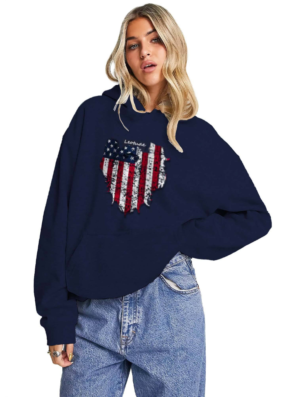 Women Graphic Navy Loose Fit Sweatshirt With Hood | SS90 - view 1