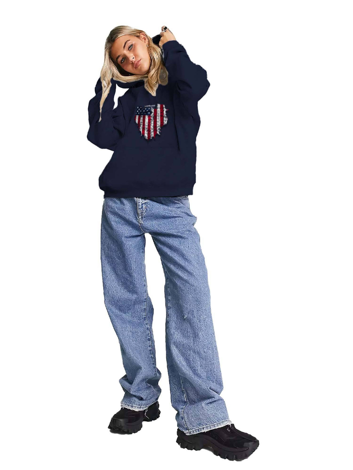 Women Graphic Navy Loose Fit Sweatshirt With Hood | SS90 - view 4