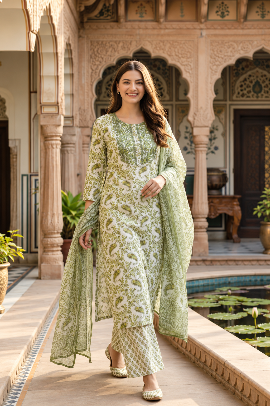 Olive Green Printed Kurta Set with Matching Dupatta
