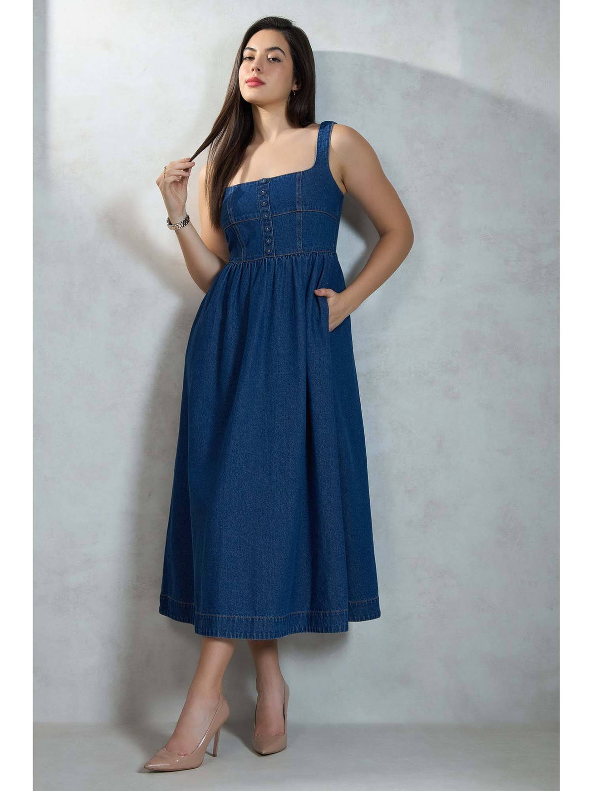 Women Blue Pure Cotton Denim Flared Midi Dress | D56 - view 1