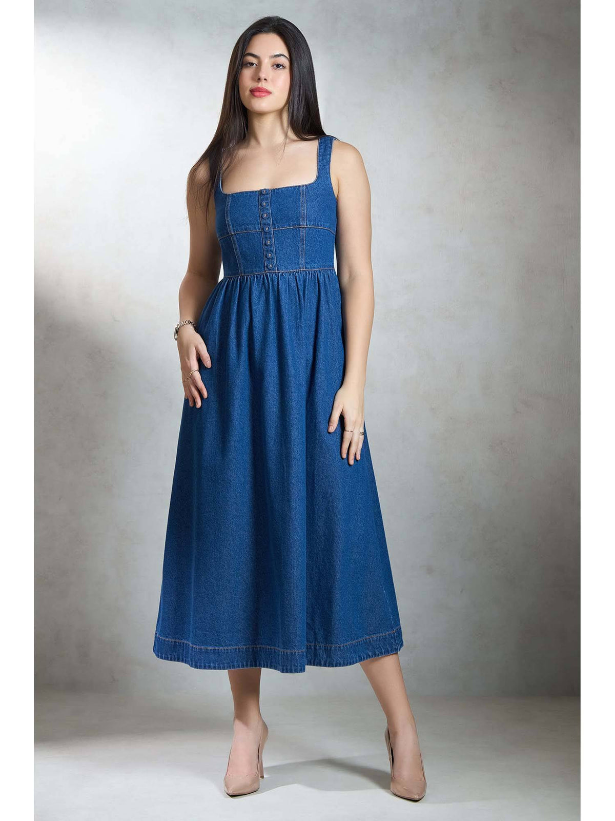 Women Blue Pure Cotton Denim Flared Midi Dress | D56 - view 2