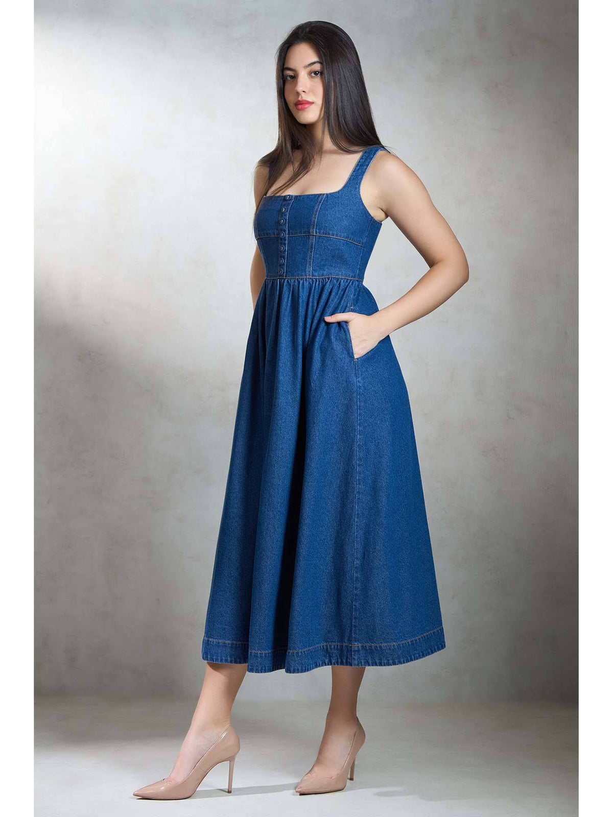 Women Blue Pure Cotton Denim Flared Midi Dress | D56 - view 3