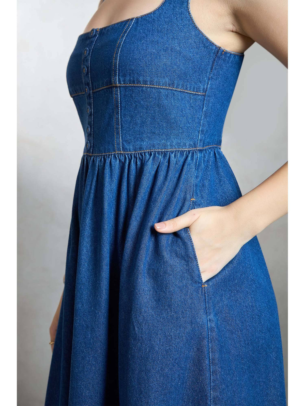 Women Blue Pure Cotton Denim Flared Midi Dress | D56 - view 5