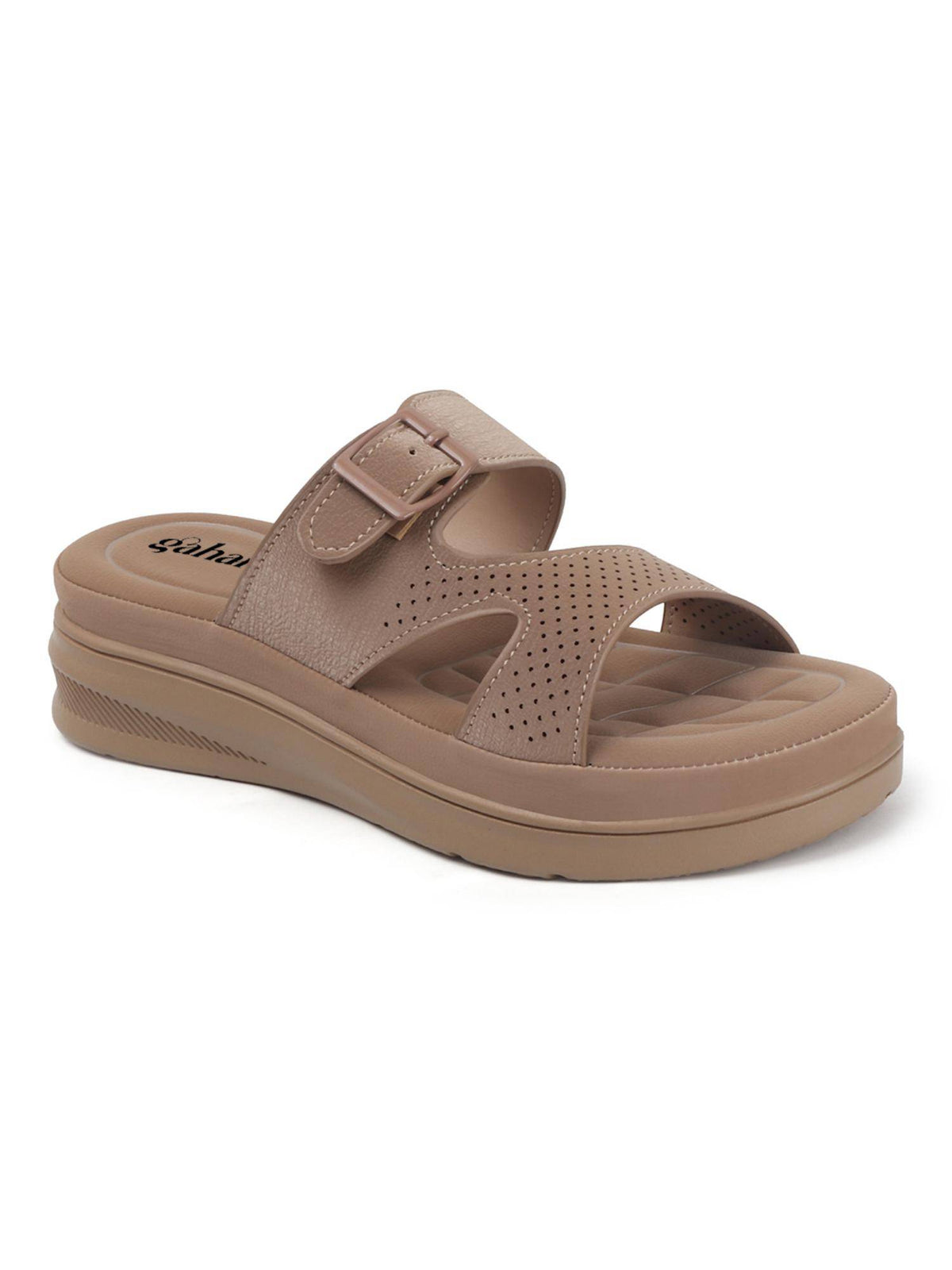 Slide Women Sandals with Perforated Upper and Buckle Detail - Beige | SD89 - view 2