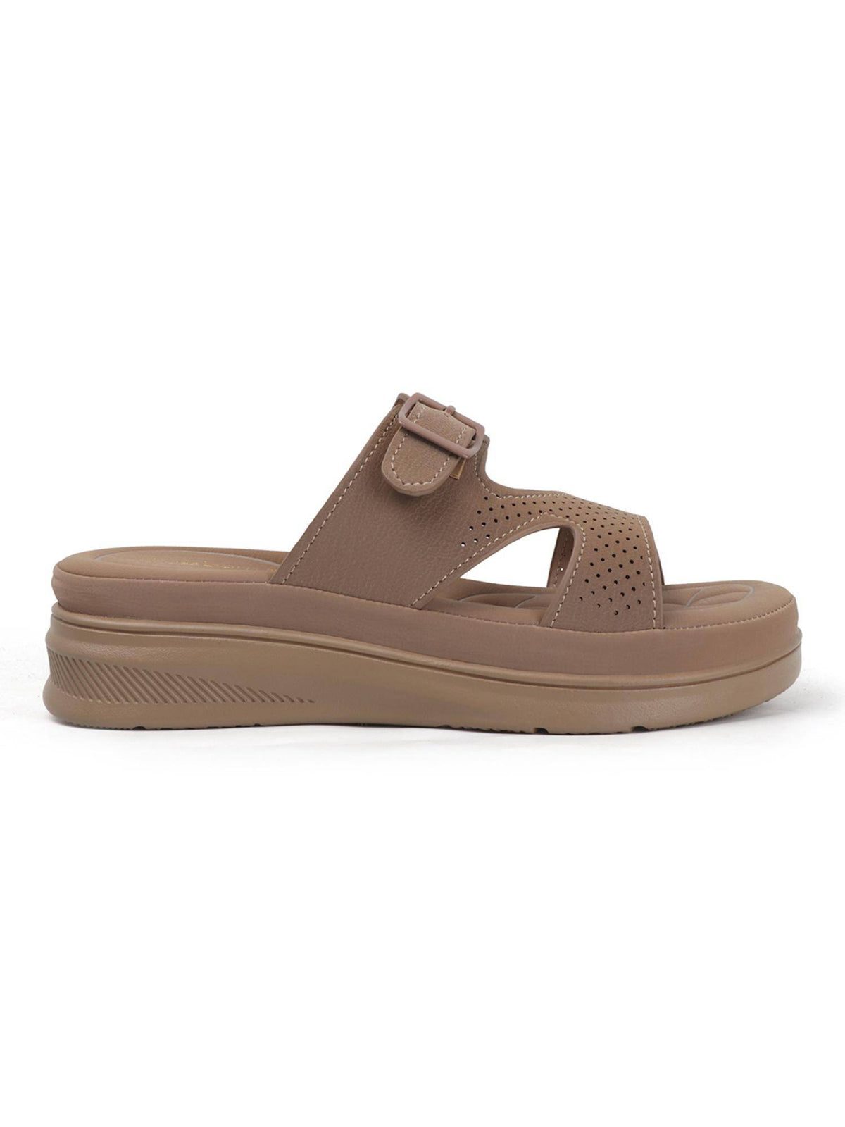 Slide Women Sandals with Perforated Upper and Buckle Detail - Beige | SD89 - view 3