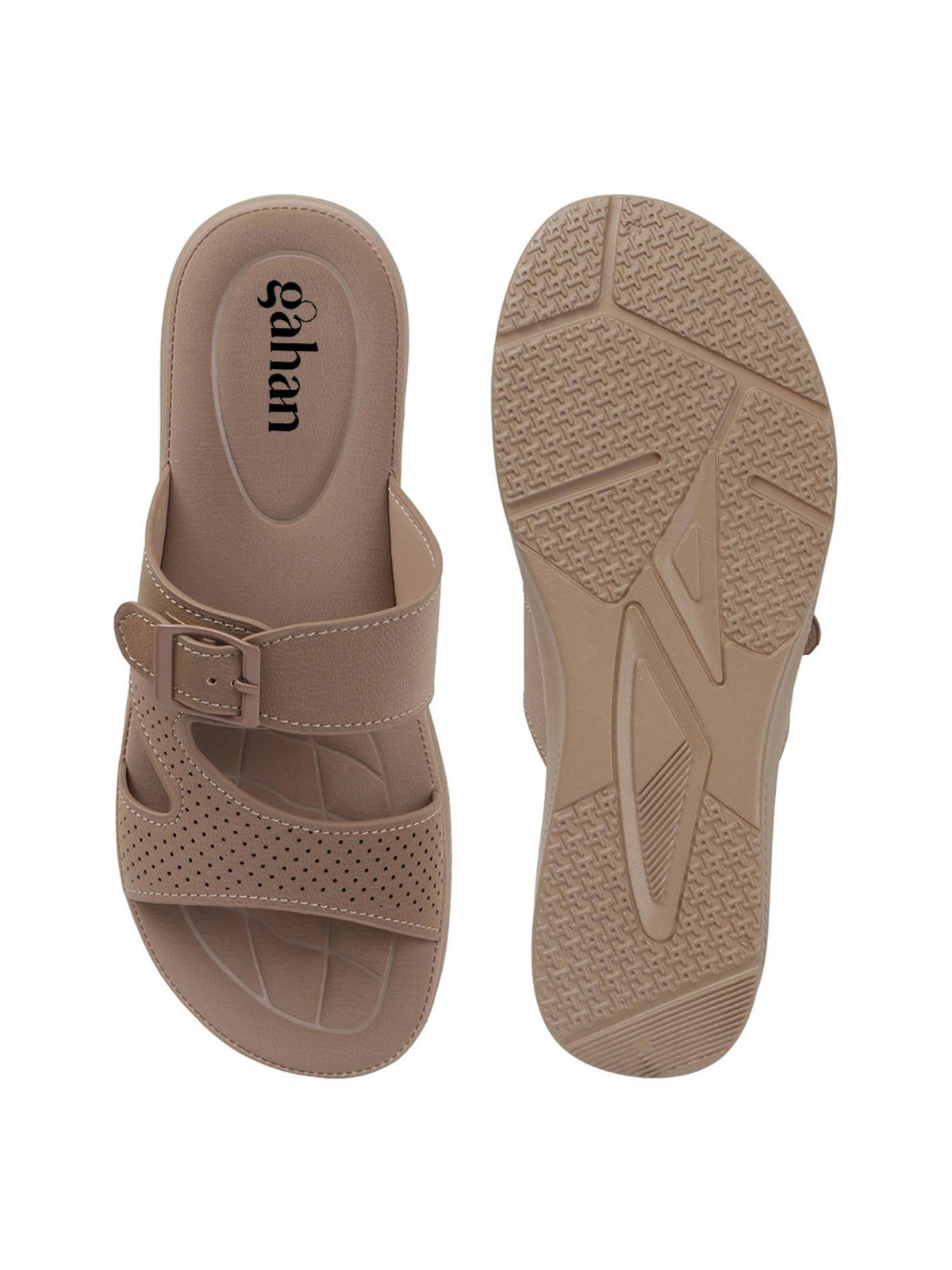 Slide Women Sandals with Perforated Upper and Buckle Detail - Beige | SD89 - view 5