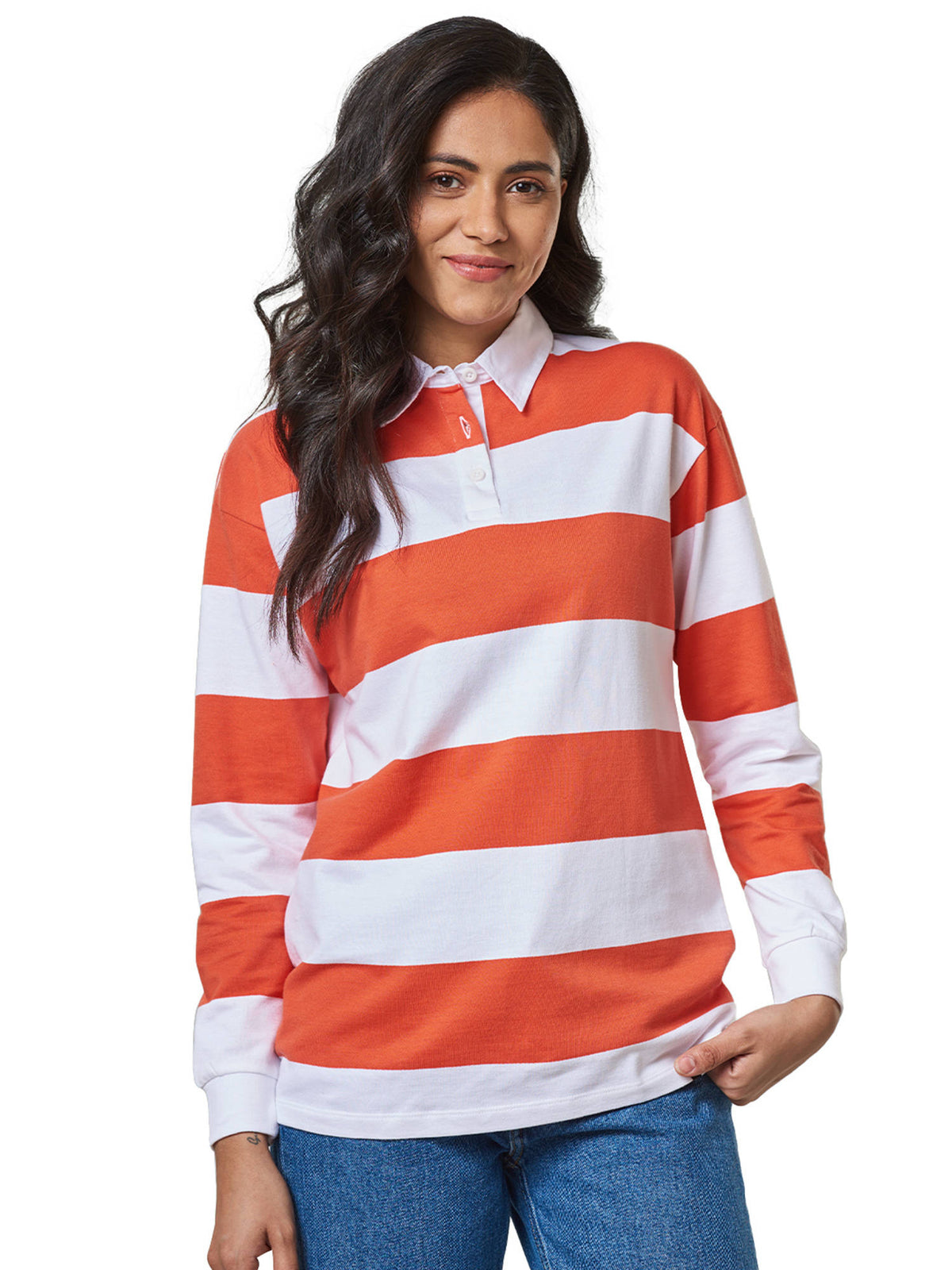 Solid Orange Striped Rugby Polo for Women | PW43 - view 1