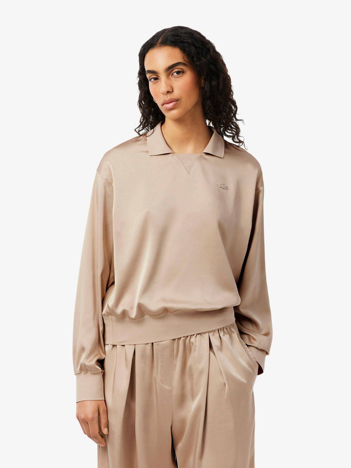 Beige Relaxed Fit Satin Polo T-Shirt | PW43 - view 1