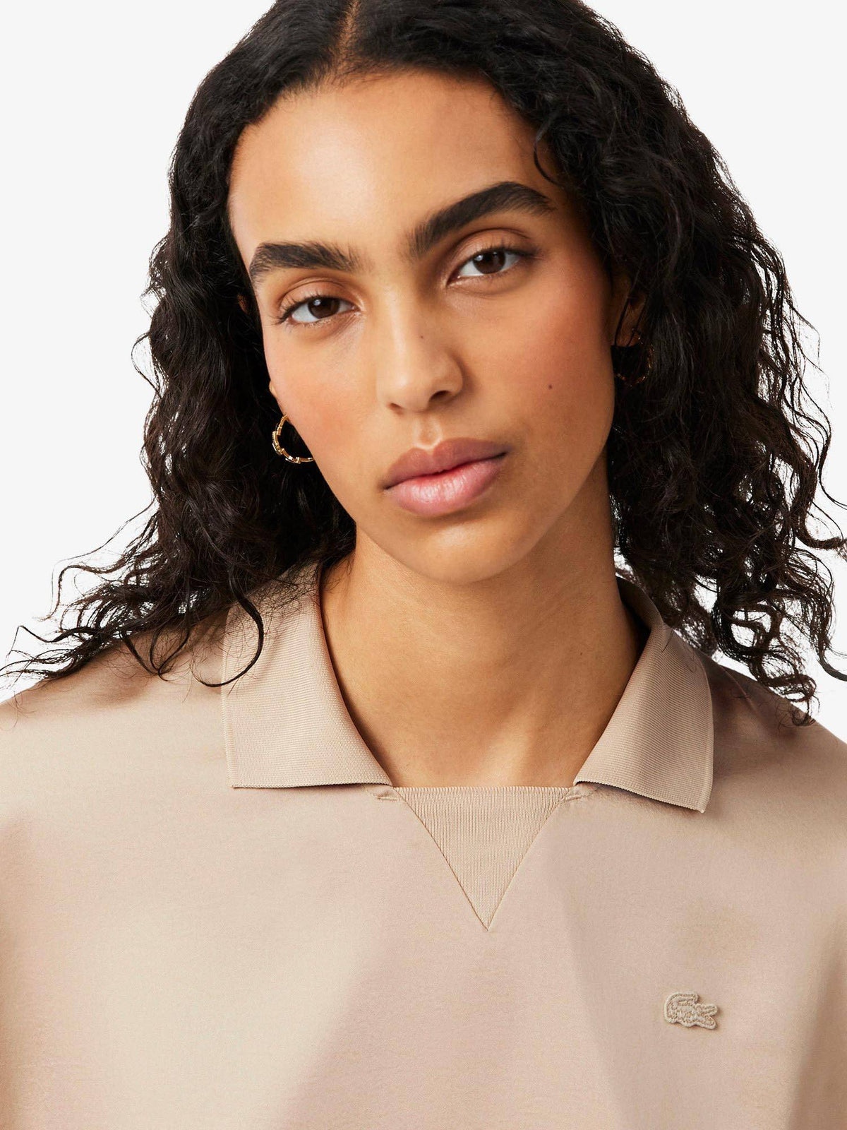 Beige Relaxed Fit Satin Polo T-Shirt | PW43 - view 3