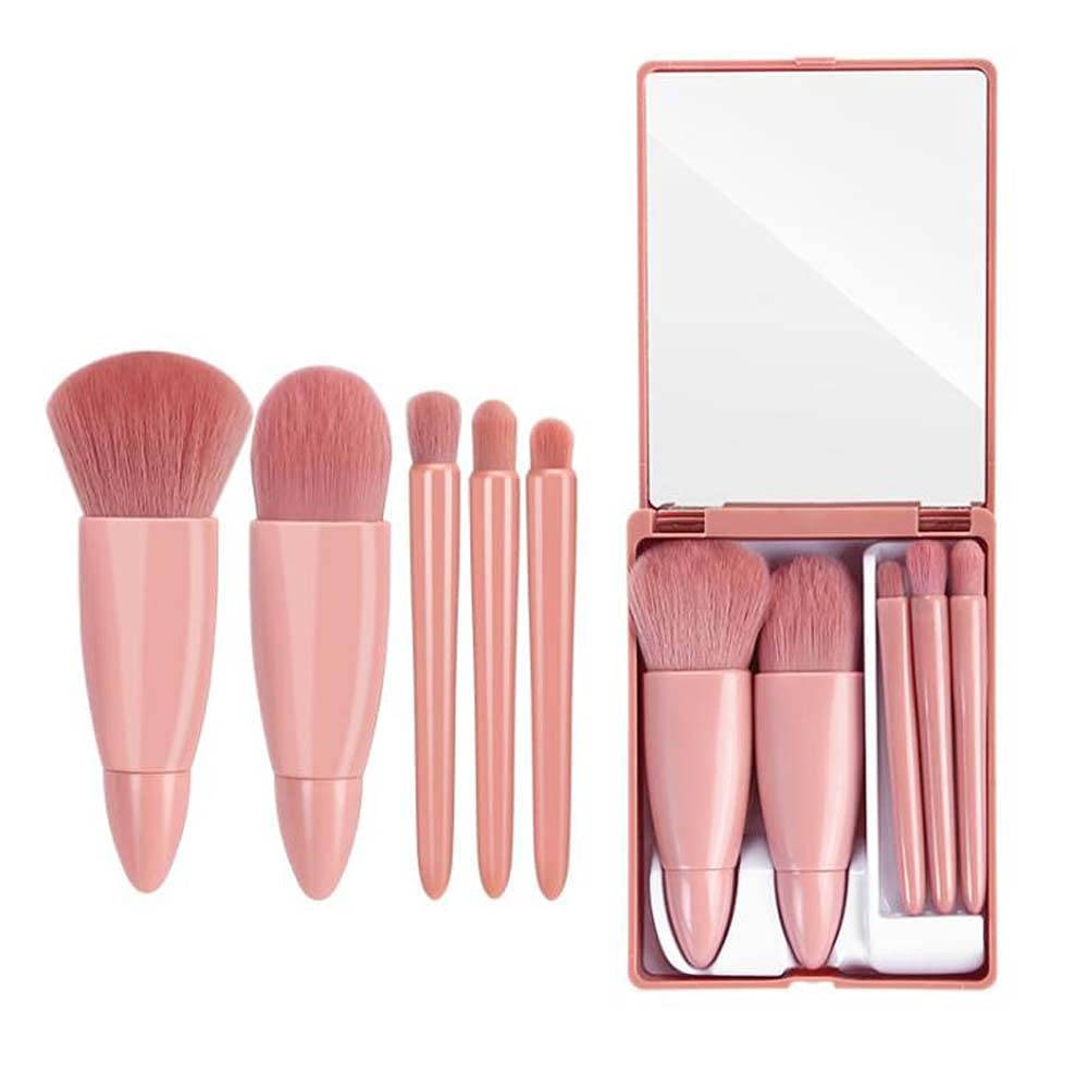 Set Of 5 Foundation Makeup Brushes With Mirror - Pink | T32 - view 1