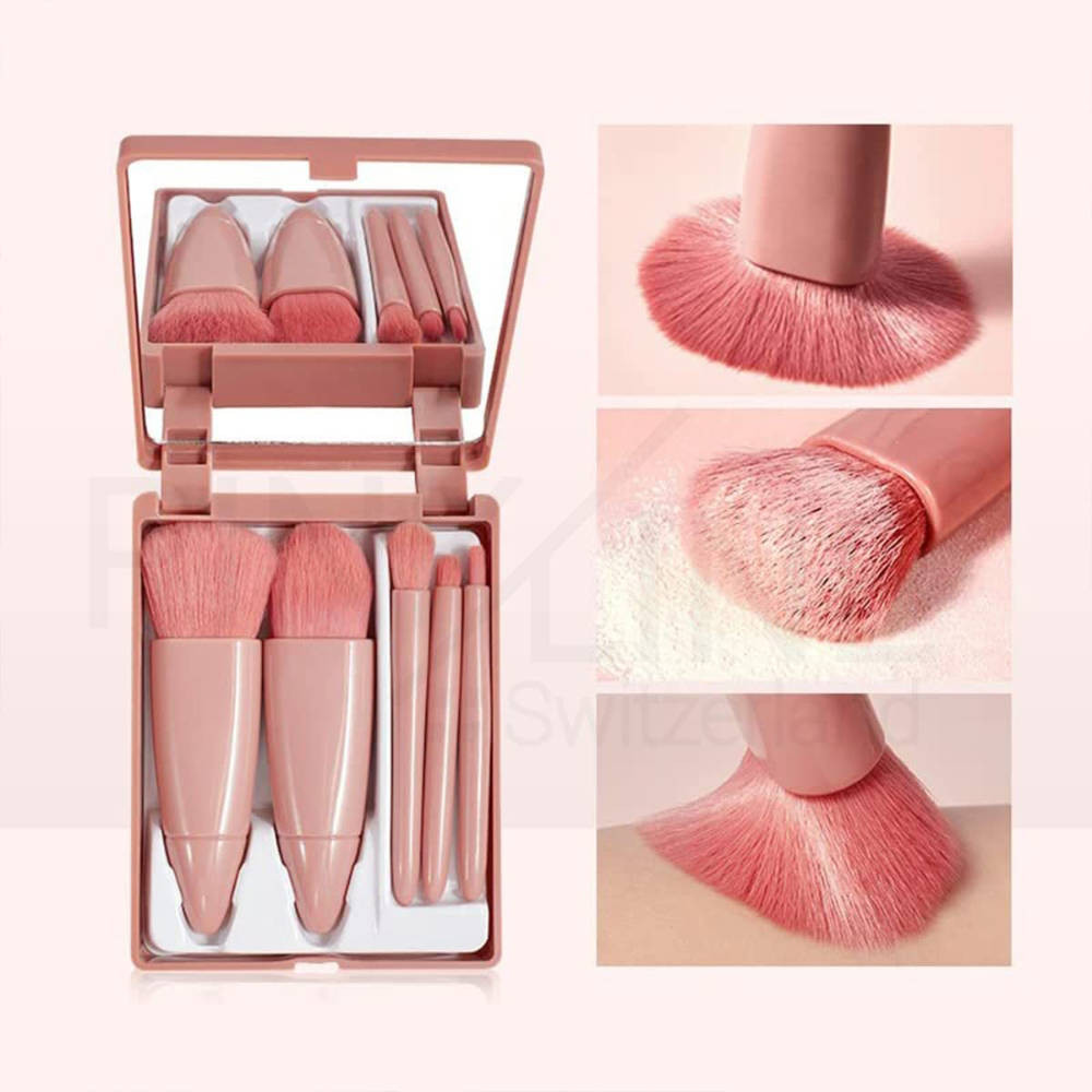 Set Of 5 Foundation Makeup Brushes With Mirror - Pink | T32 - view 2