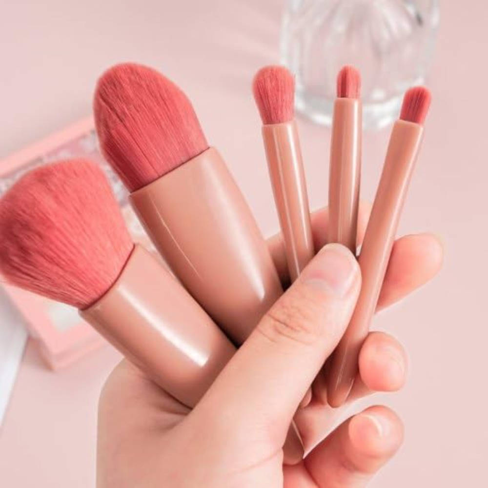 Set Of 5 Foundation Makeup Brushes With Mirror - Pink | T32 - view 6