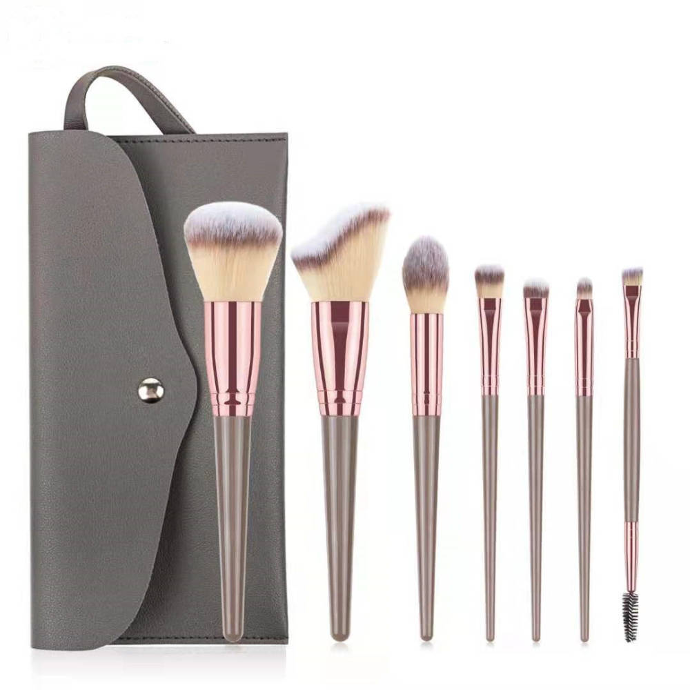Premium Quality Set of 7 Makeup Brush With Grey Leather Bag Storage | T32 - view 1