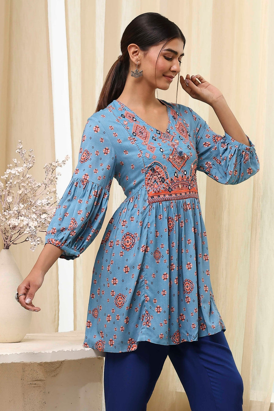 Dull Blue Printed Short Kurta K60