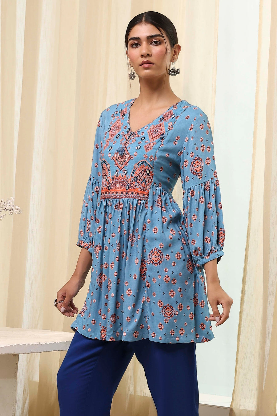 Dull Blue Printed Short Kurta K60