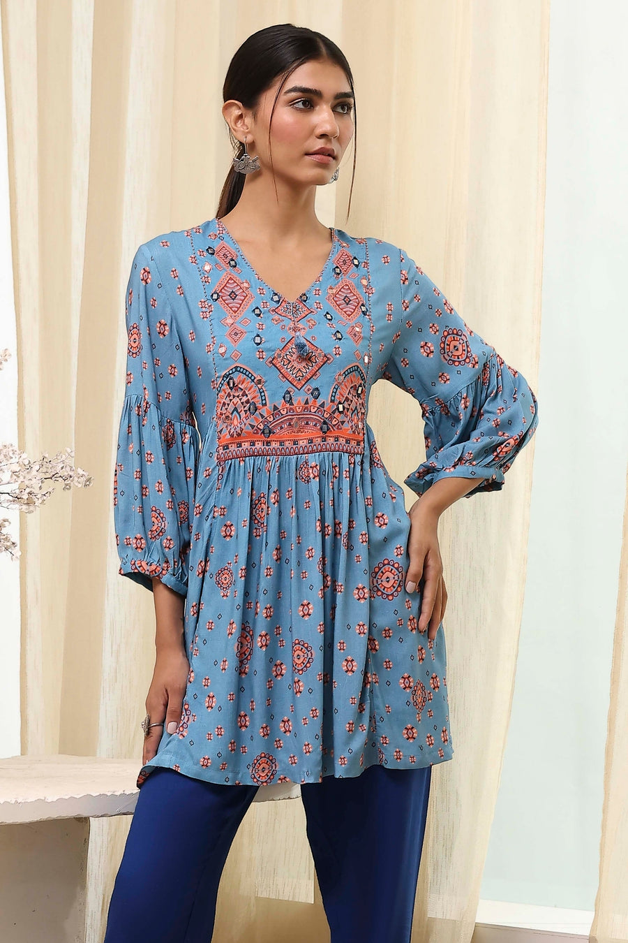Dull Blue Printed Short Kurta K60