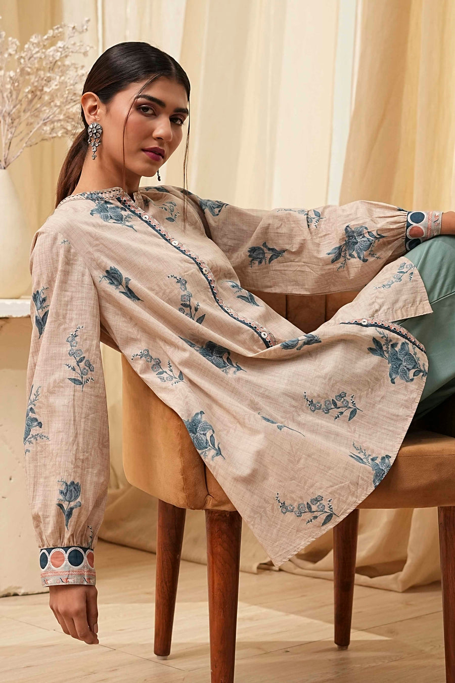 Beige Pure Cotton Shirt-Style A-Line Short Kurta K60