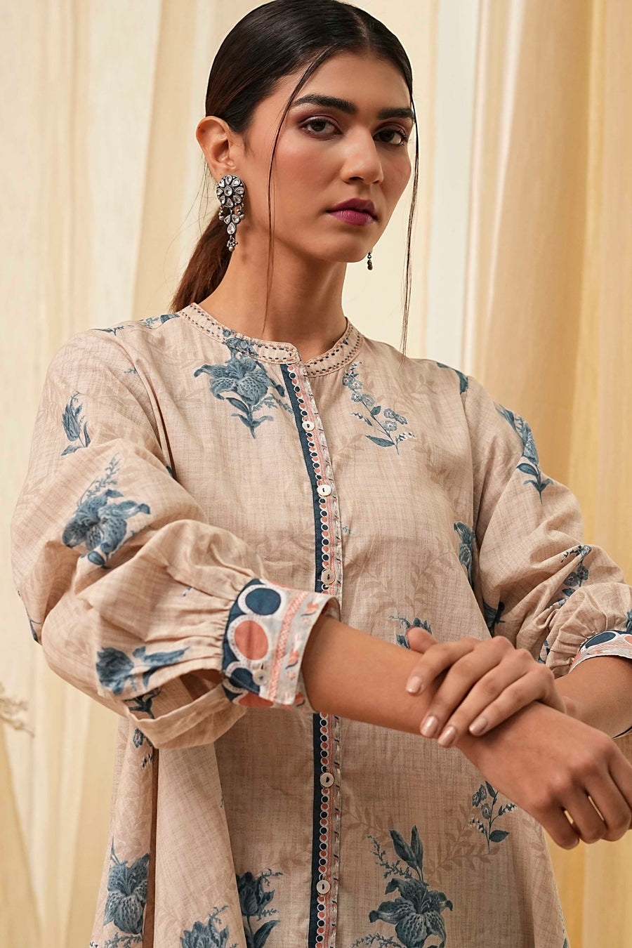 Beige Pure Cotton Shirt-Style A-Line Short Kurta K60