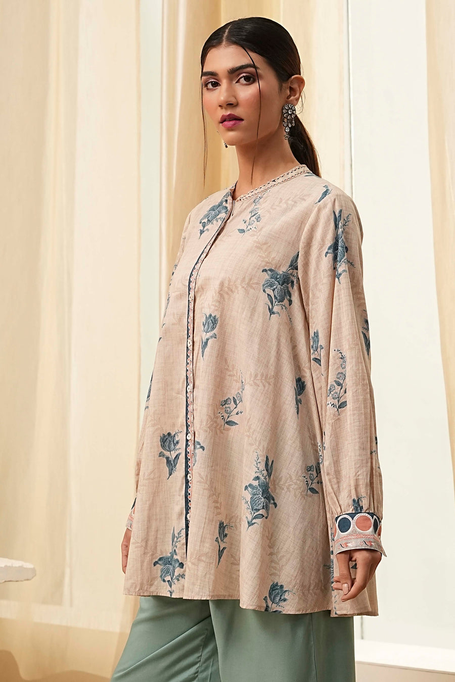 Beige Pure Cotton Shirt-Style A-Line Short Kurta K60