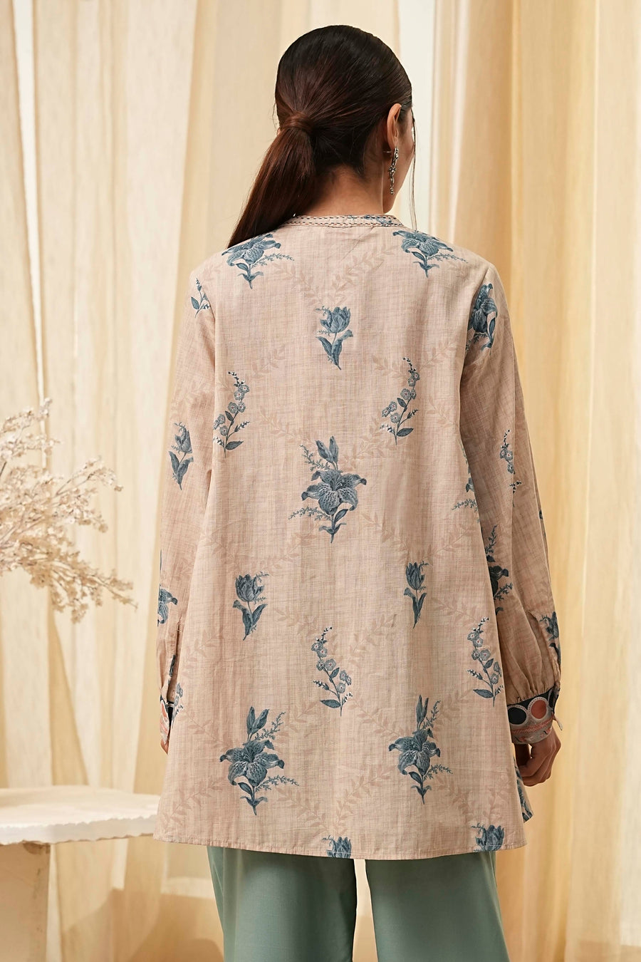 Beige Pure Cotton Shirt-Style A-Line Short Kurta K60