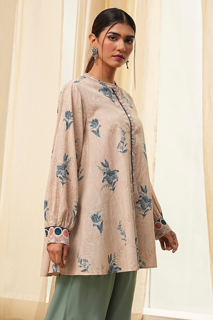 Beige Pure Cotton Shirt-Style A-Line Short Kurta K60