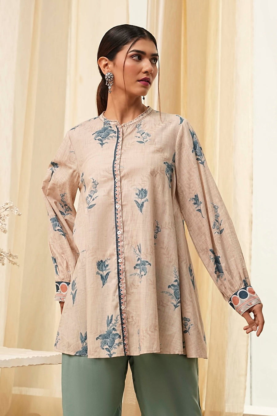 Beige Pure Cotton Shirt-Style A-Line Short Kurta K60