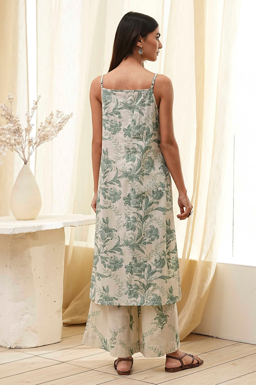Green Cotton Floral Strappy Straight Kurta Set CO87