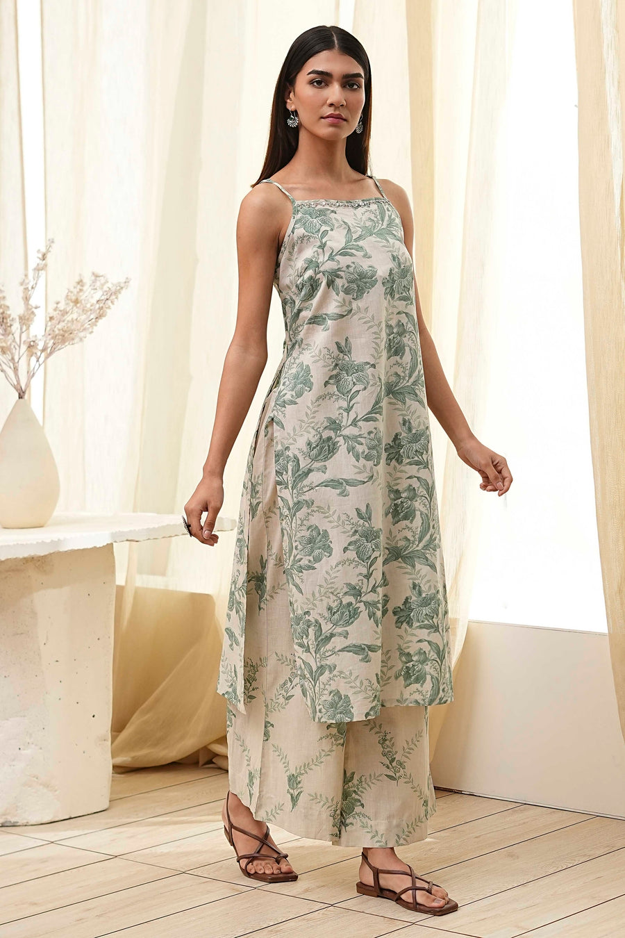 Green Cotton Floral Strappy Straight Kurta Set CO87