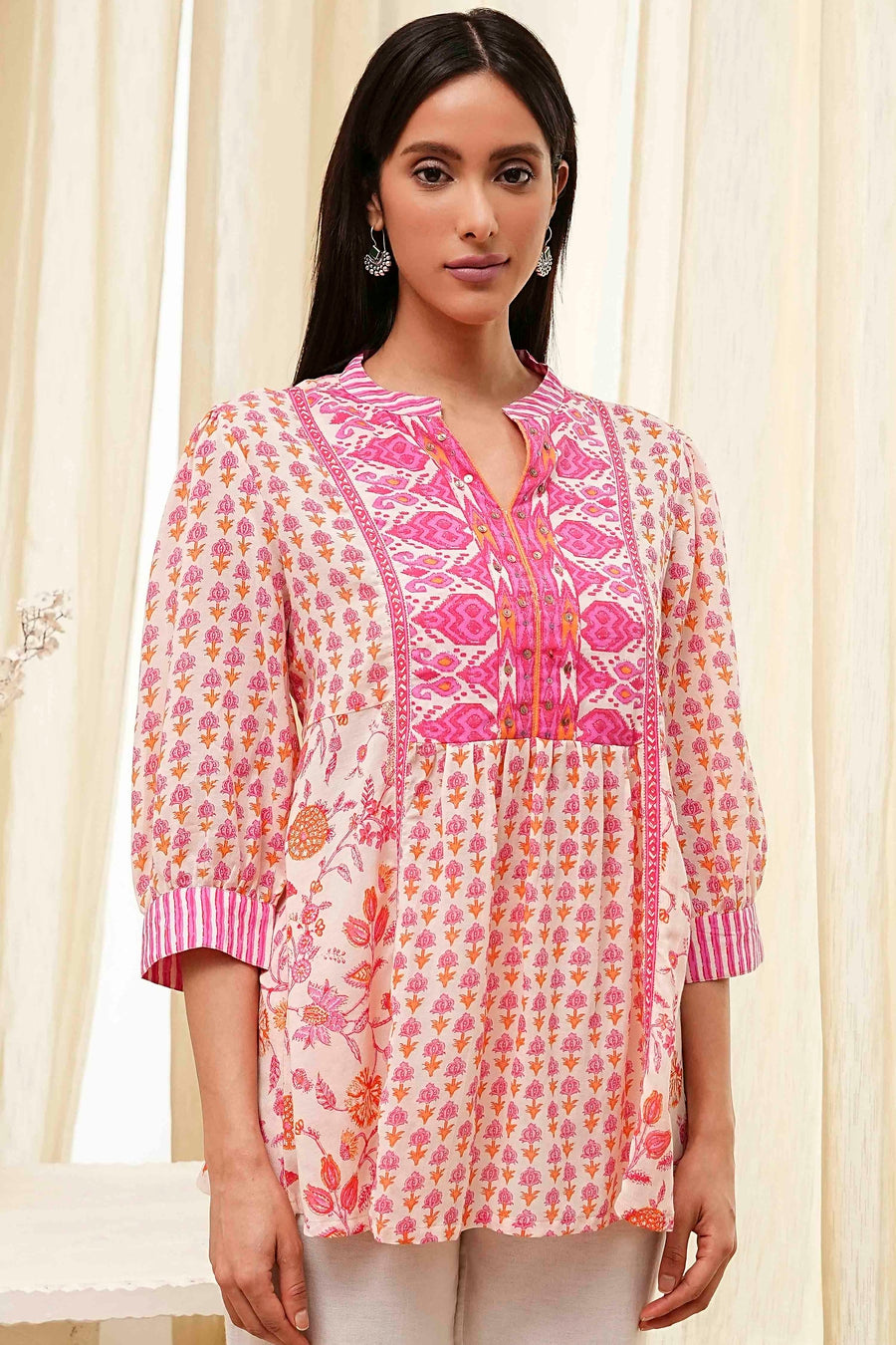 Pink Cotton Printed A-line Short Kurta K60
