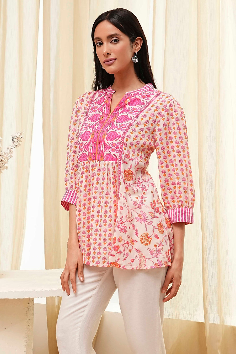 Pink Cotton Printed A-line Short Kurta K60