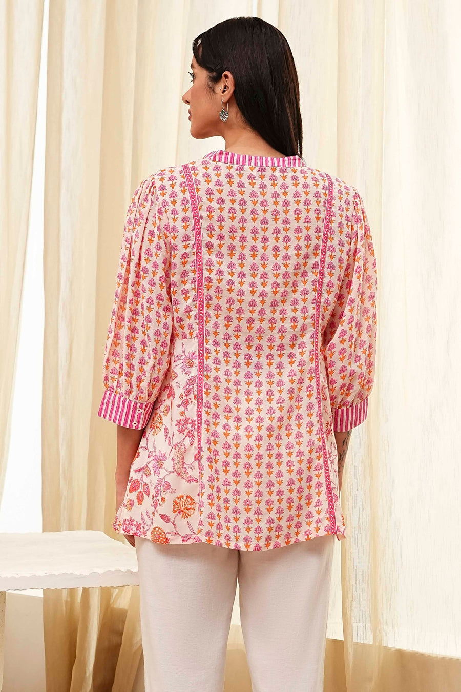 Pink Cotton Printed A-line Short Kurta K60