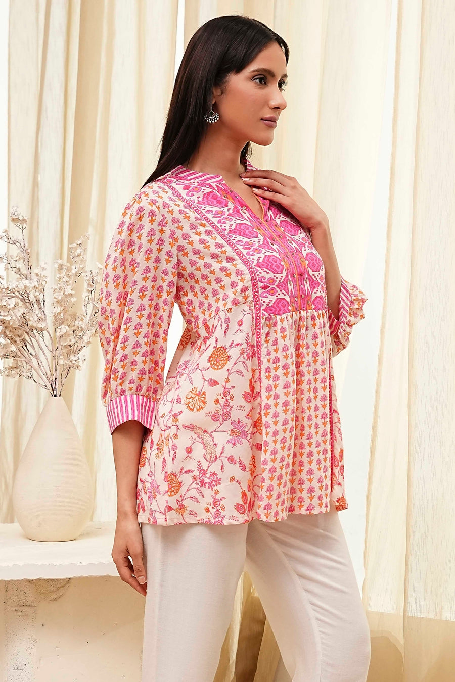 Pink Cotton Printed A-line Short Kurta K60