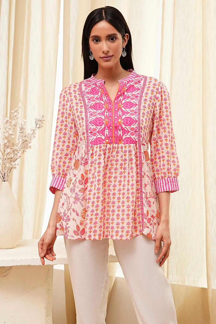 Pink Cotton Printed A-line Short Kurta K60