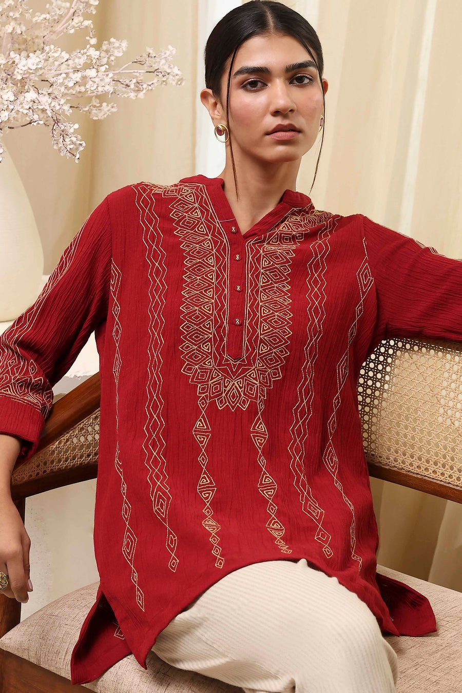 Red Embroidered Straight Short Kurta K60