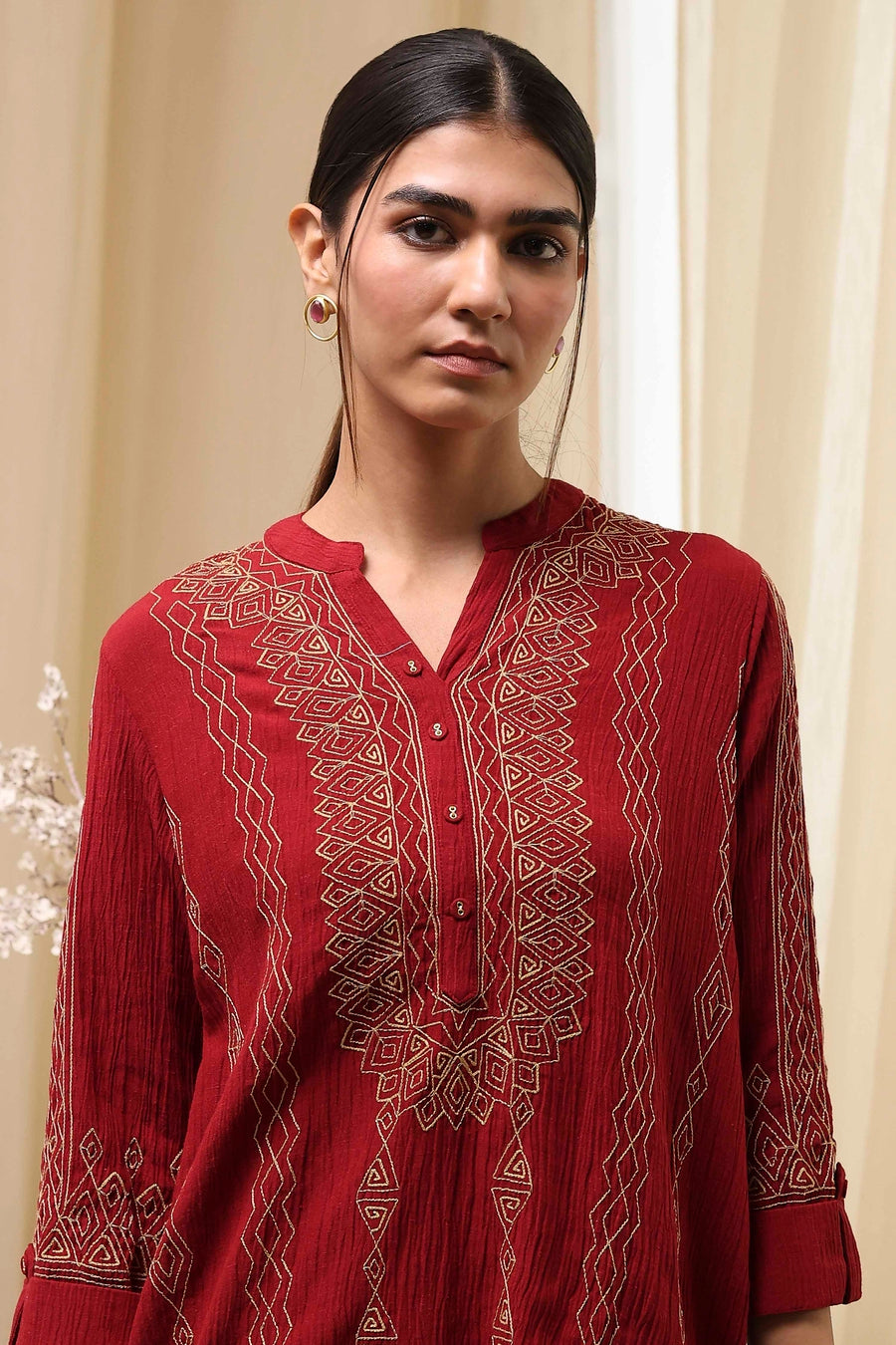 Red Embroidered Straight Short Kurta K60