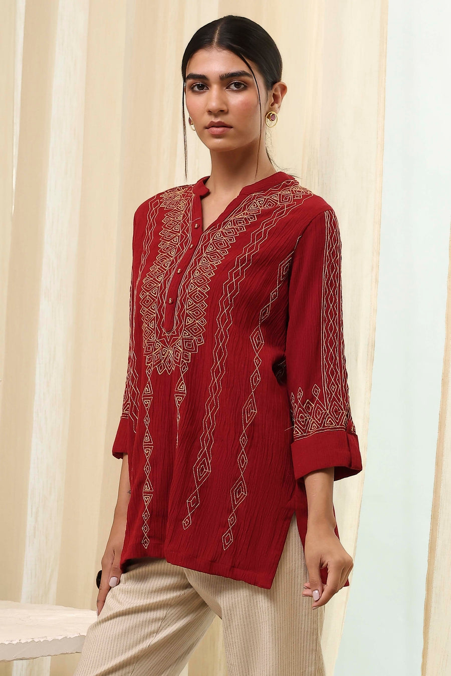 Red Embroidered Straight Short Kurta K60